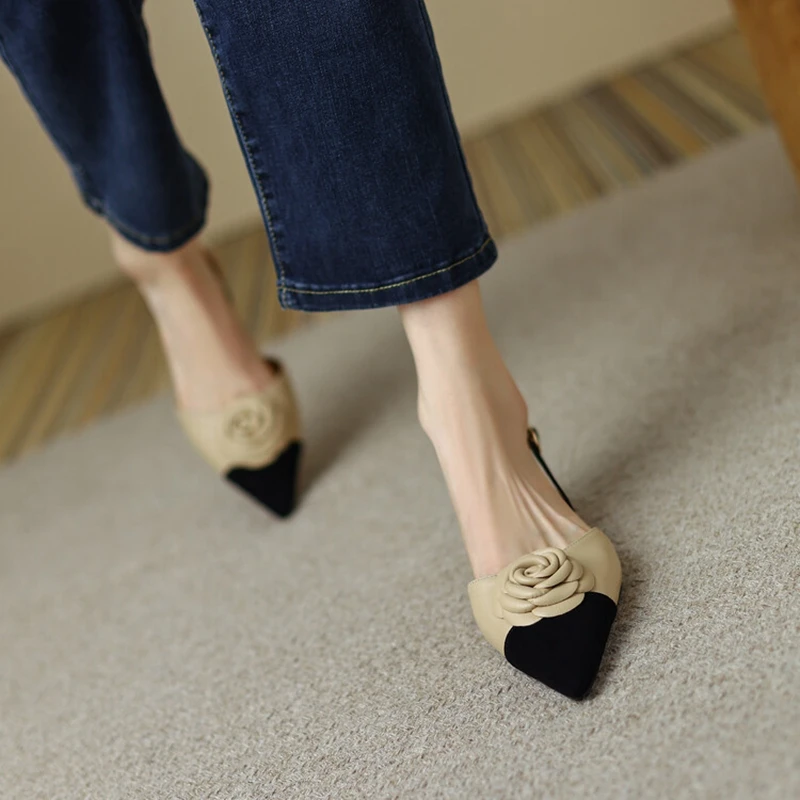 NEW Summer Women Shoes Split Leather Pointed Toe Women Sandals Mixed Colors Chunky Heel Shoes for Women Soft Low Heels Plus Size image 3