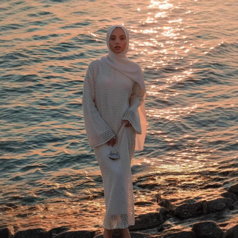 Novo vestido feminino vazado kaftan oriente médio abaya robe manga comprida solto maxi vestido flowy chiffon para outono praia