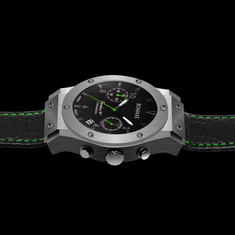 핫세일 모시나이트 다이아몬드 캐주얼 남성 시계 그린 컬러 BOMAXE SA6059 스테인리스 스틸 정품 가죽 쿼츠 손목시계
