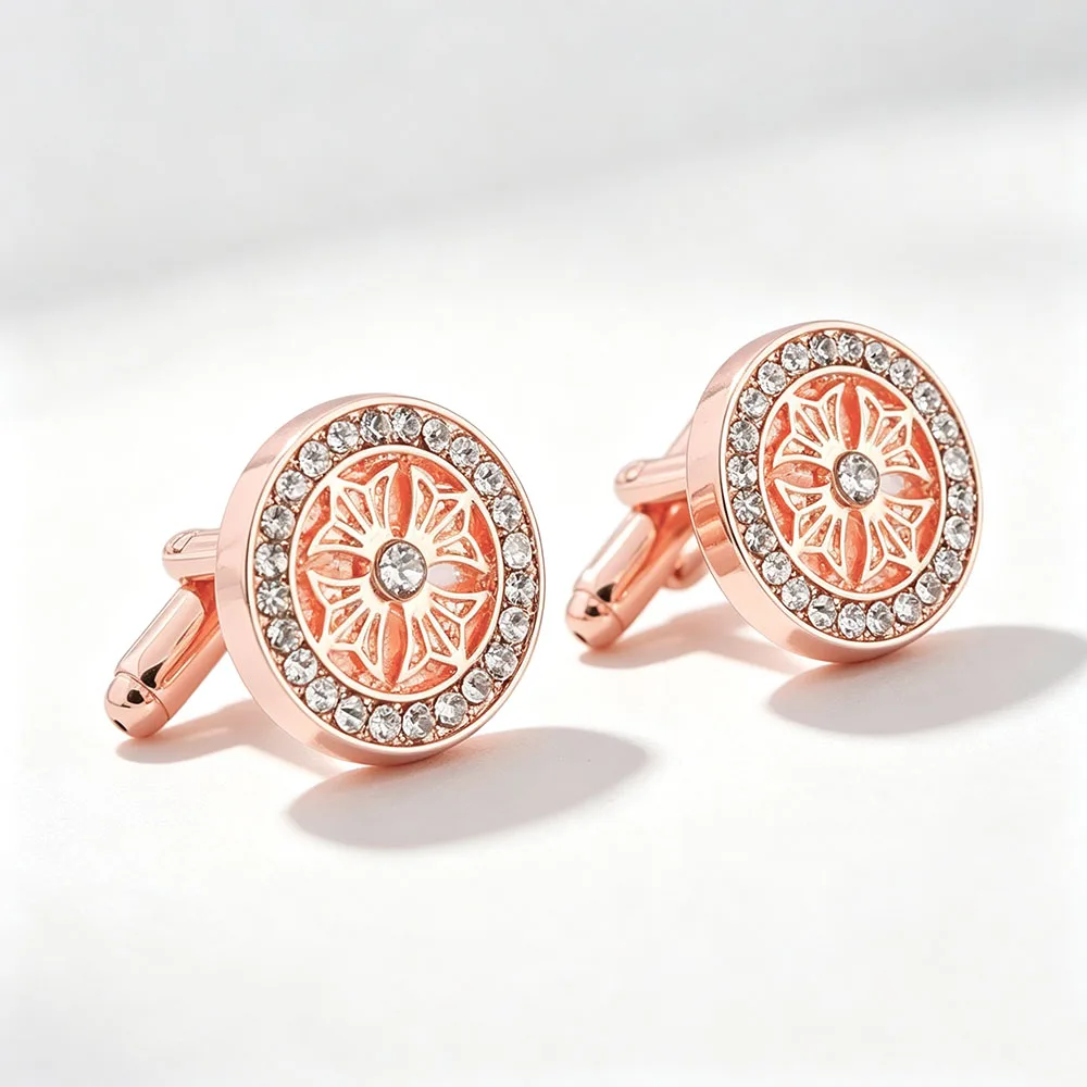 Klassische Manschettenknöpfe mit Blumengravur für Herren Luxuriöse Funkelnde Strass-Dekorative Runde Manschettenknöpfe Formeller Schmuck – Detail 6