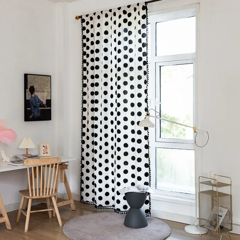 Finished Curtain Simple Blackout Half Curtain Black and White Polka Dot Balcony Floating Window Curtain