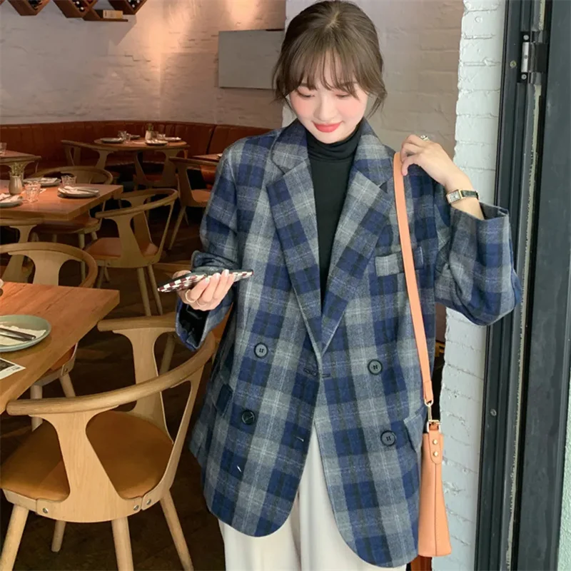 2024 New Plaid Woolen Suit Jacket Women Korean Version Loose Design Feeling Long Sleeves Autumn Winter Cotton Padded Thick Coat