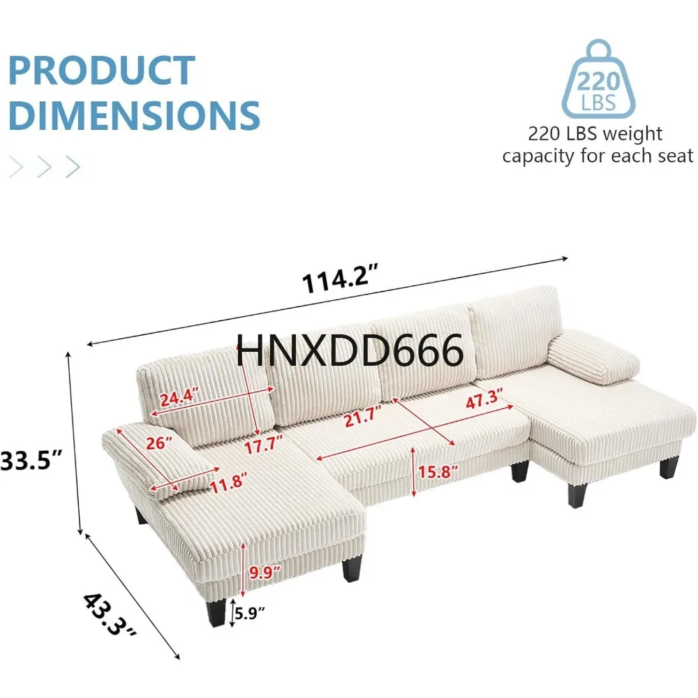

114-дюймовый модульный секционный диван Cloud Couch, трансформируемый U-образный диван с двойным шезлонгом, вельветовый диван с обивкой
