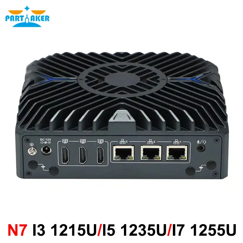 

12th Gen Industrial Fan Mini PC i3 1215U i5 1235U i7 1255U 3*Intel i225-V 2.5G Lan 3 x HD-MI 4K Display DDR5 NVME Mini Computer