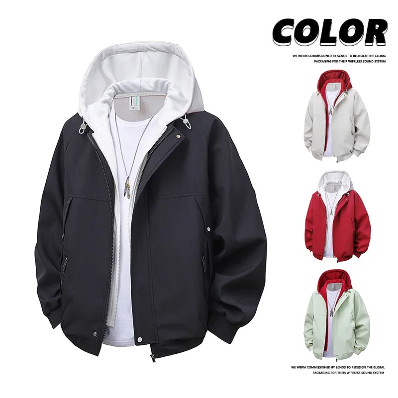 

Осенняя искусственная двухсекционная куртка с капюшоном, мужская уличная одежда, водонепроницаемые куртки на молнии, высококачественная простая свободная универсальная куртка для мужчин