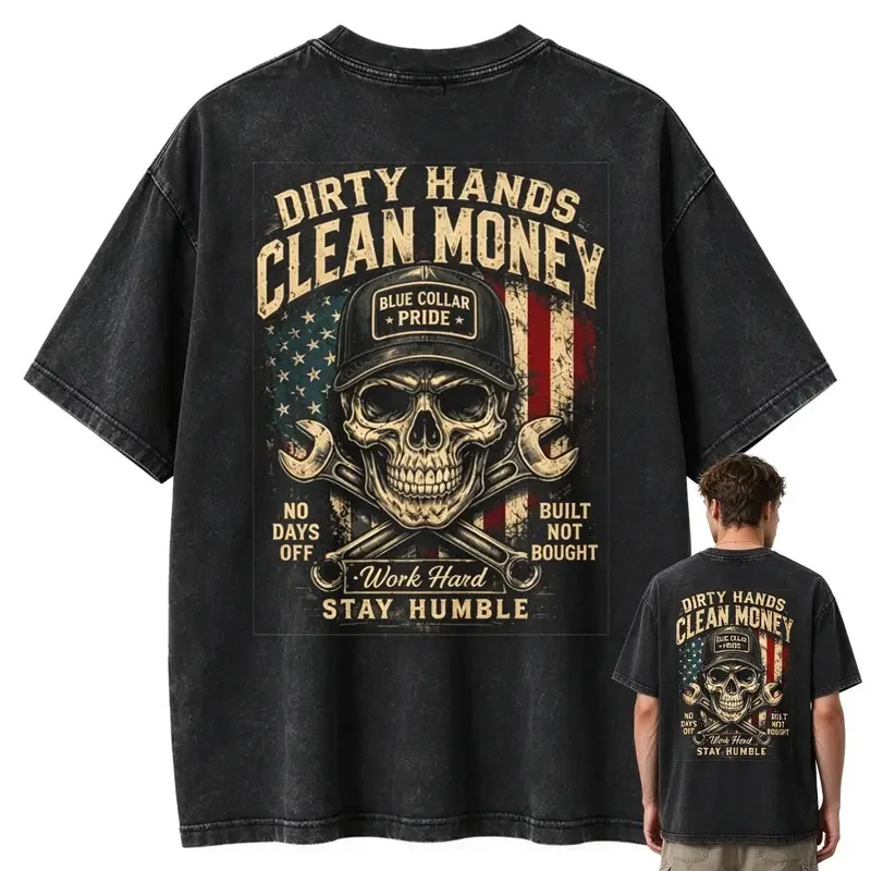 Unisex Dirty Hands Clean Money Graphic Tee, Blue Collar Pride Patriotic Oversized T-Shirt, Rough Haven Wear