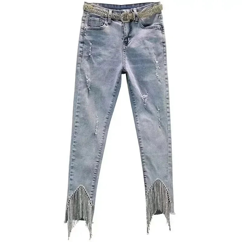 

Утягивающие эластичные джинсовые джинсы с высокой талией и ромбовидной бахромой, женские брюки до щиколотки с девятью точками, Новое поступление лета XQ385