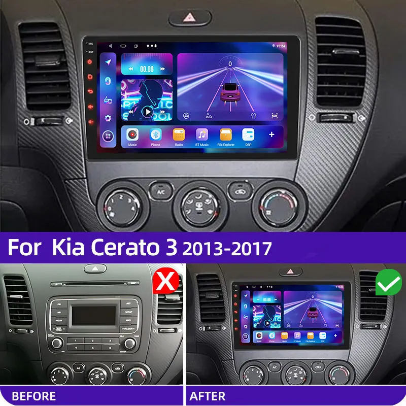 Car GPS Multimedia Radio Video Player with CarPlay auto 2 Din 4G Android 12 9inch for Kia Cerato 3 K3 Forte 2013-2017