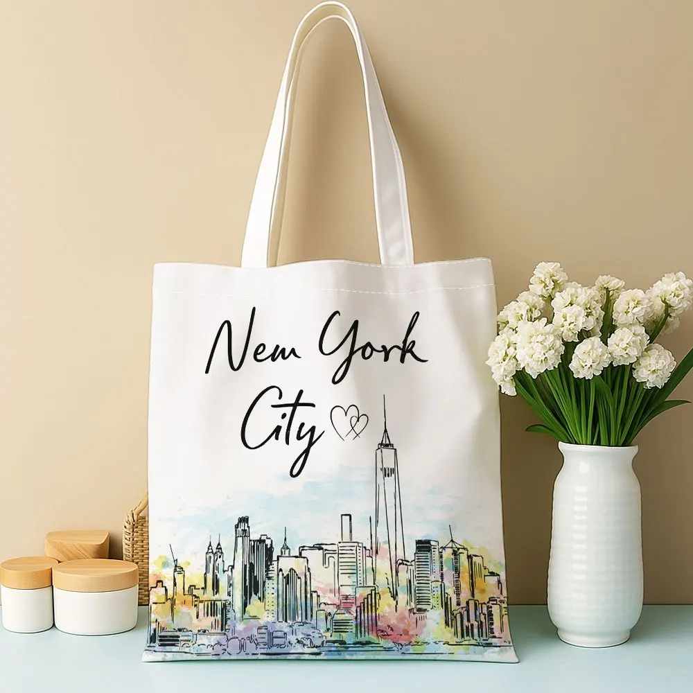 Contemporary Watercolor Tote Reusable Grocery Bag Featuring the New York City Skyline Versatile Great for Book Enthusiasts