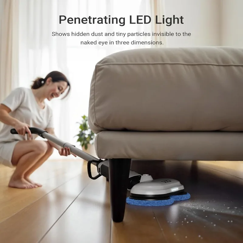 ممسحة كهربائية، ممسحة دوارة كهربائية مطورة لتنظيف الأرضيات مع مصباح أمامي LED، ممسحة غبار قابلة لإعادة الشحن، خشب صلب لاسلكي بمحرك مزدوج