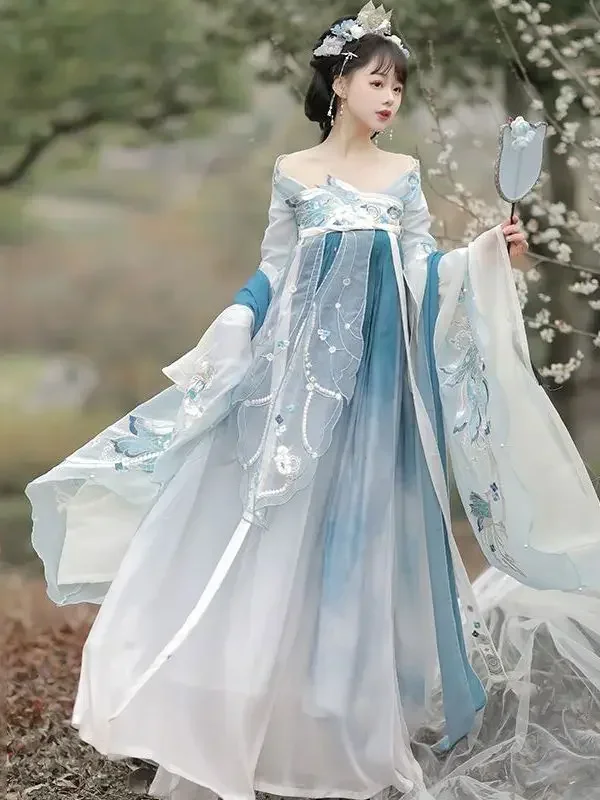 Weijin Dynastie Stickerei Hanfu Kleid Frauen chinesische traditionelle Cosplay Kostüm Dynastie alte Kleidung blaue Bühne Tanz kleid