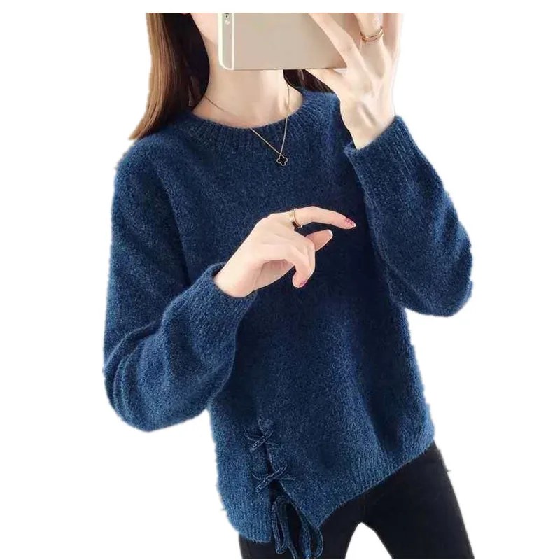 Fashion O-Neck Solid Color Split Bandage Sweaters Female 2025 Autumn Winter New Loose Knitted Pullover Casual Women Tops B1310