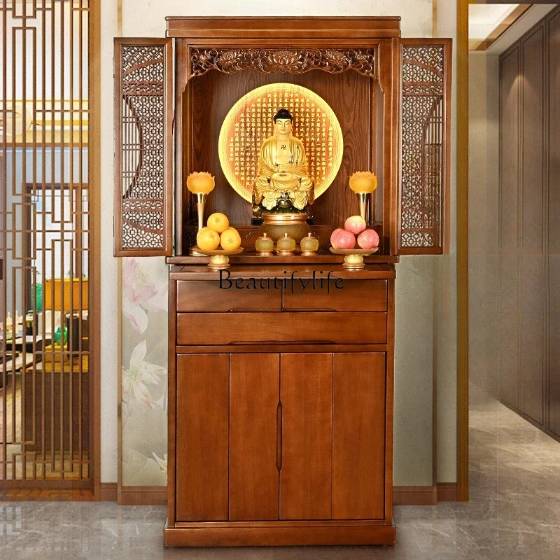 yj5 Red walnut new Chinese solid wood Buddhist niche household door Buddhist cabinet