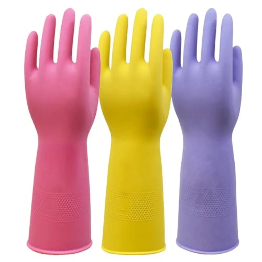Rubber Kitchen Cleaning Gloves, Reusable Dishwashing Gloves, Non-Slip, with Flocked Liner, 3 Pairs Pink+Yellow+Blue (Medium)