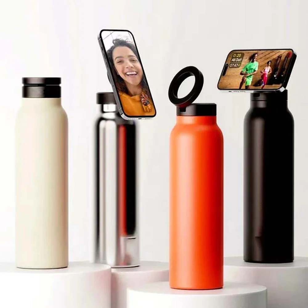 Custom All-in- One 24oz Stainless Steel Insulated Water Bottle with Magnetic Tripod Phone Holder for Sports Water Bottle