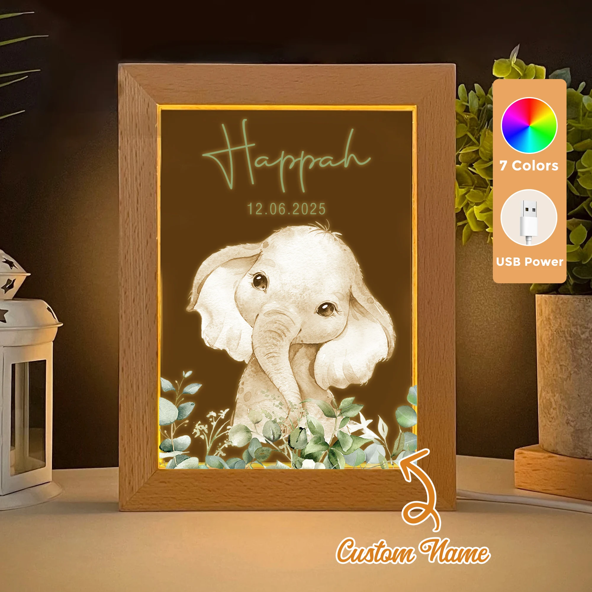 

2D Flat Custom Name Elephant LED Acrylic Night Light Wood Photo Frame 21x17cm Cartoon Children Bedroom Gifts Home Decor