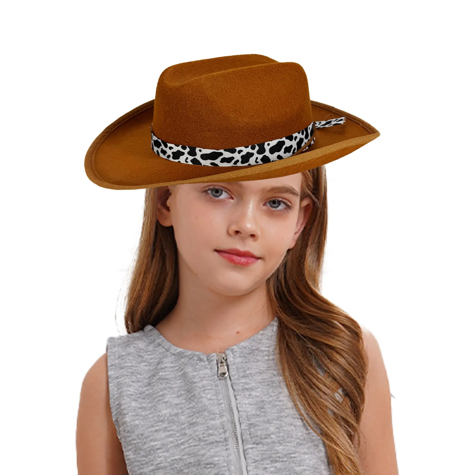 Adorable chapeau de cowboy pour enfants, conception à large bord avec accents de ceinture imprimée de vache, cordon de serrage réglable pour les fêtes costumées du Wild West