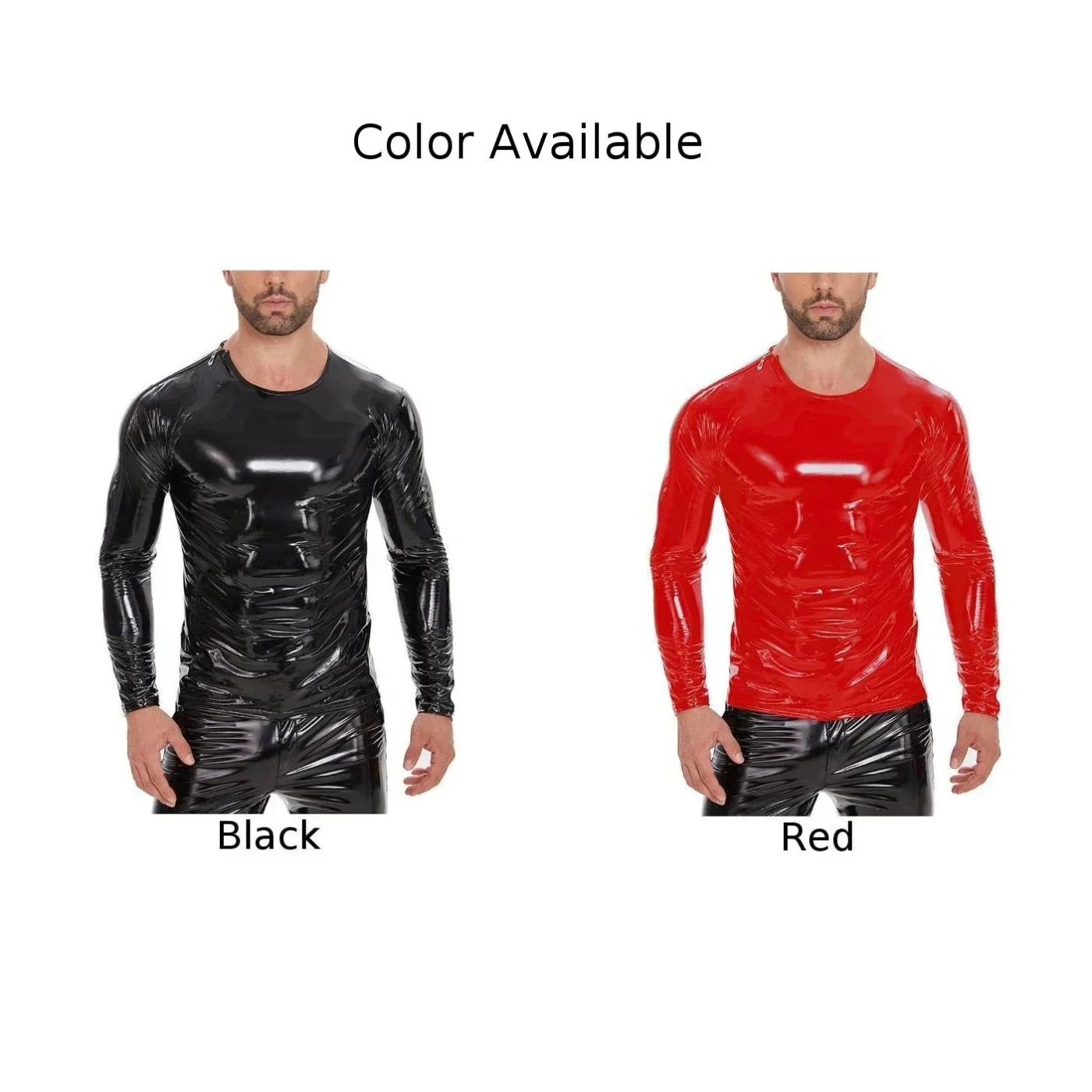 Autumn Men T-Shirt Muscle Shirt Crew Neck Faux Leather Glossy Long Sleeve O-Neck Round Neck Slim Fit Solid Color men\'s t-shirt