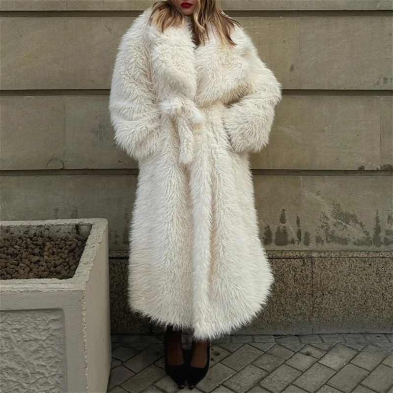

Women Faux Fur Coats Solid Long Fur Jackets Lace Up Turn Down Collar Long Sleeves Thick Warm Fur Loose Casual 2025 Autumn Winter