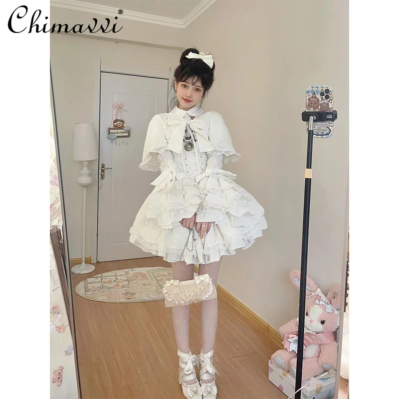 White Lolita Skirt Set Spring and Autumn New Sweet Girl Innerwear Tops High Waist Skirt Cape Elegant Womens Vintage Outfits