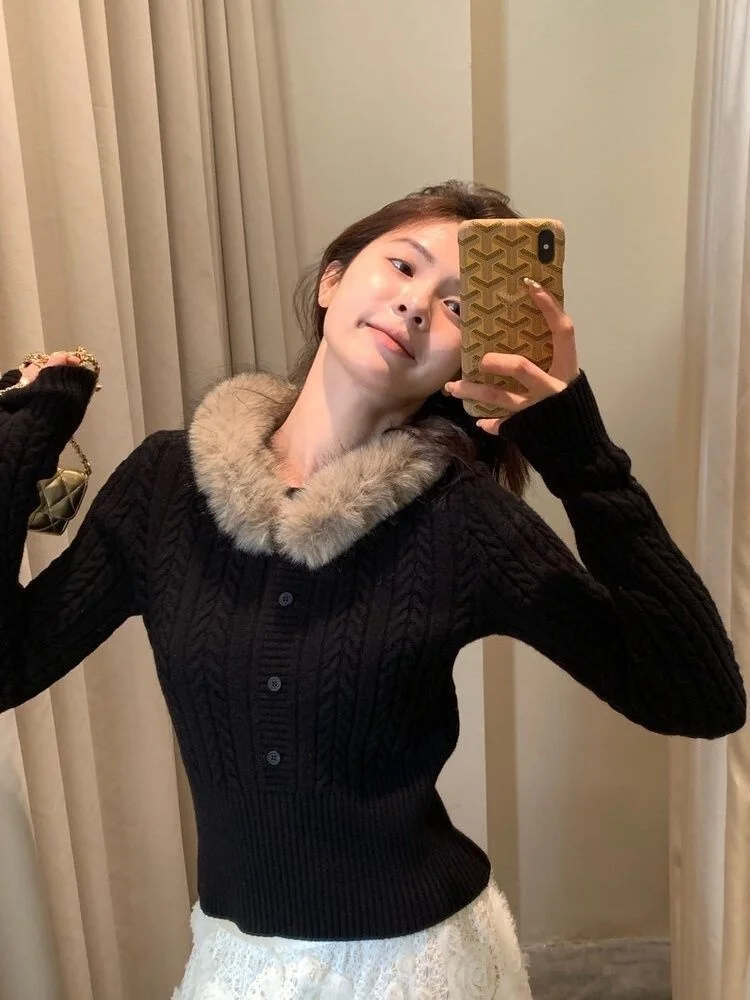 

Корейский универсальный вязаный свитер для женщин: осенне-зимний, винтажный, простой, повседневный, с отстегивающимся меховым воротником, теплый, с узором «косы»