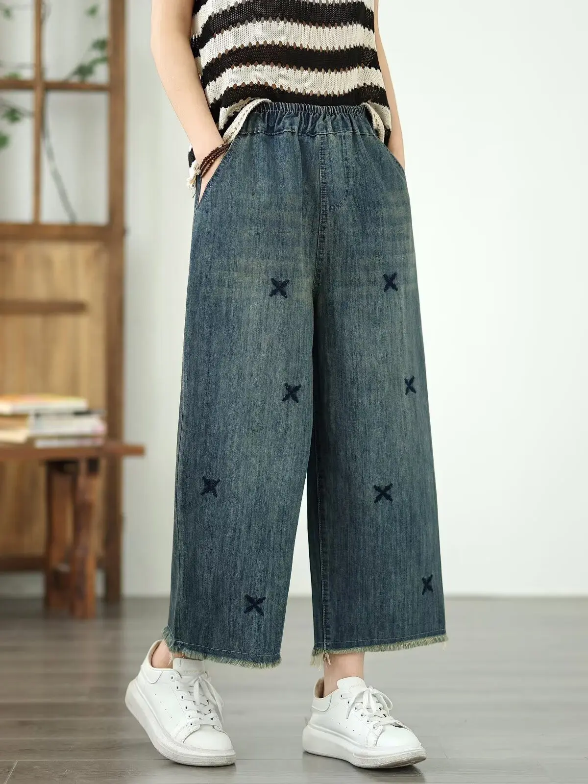 

Slim Straight Nine-Piece Jeans Women's Small Size Summer Large Casual Elastic Waist Washed Blue Denim Pants Loose Fit Jeans