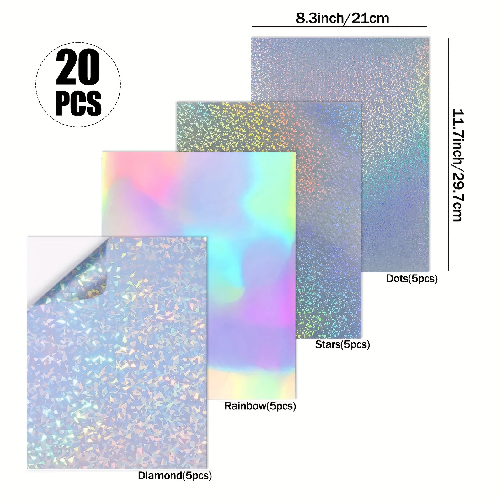 20 Sheets Mix A4 Size (8.3 x 11.7)Printable Holographic Laminate Sheets Vinyl Sticker Paper for Inkjet Printer Waterproof Sticke