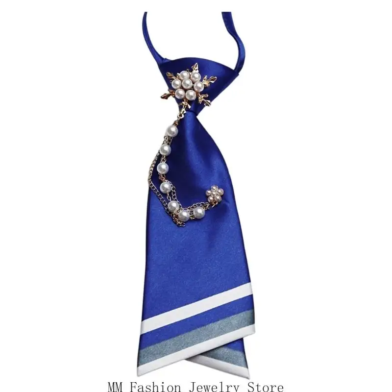 Women's Ready-Loop Necktie with Chain Brooch Uniforms Tie for Office Styling D0UB