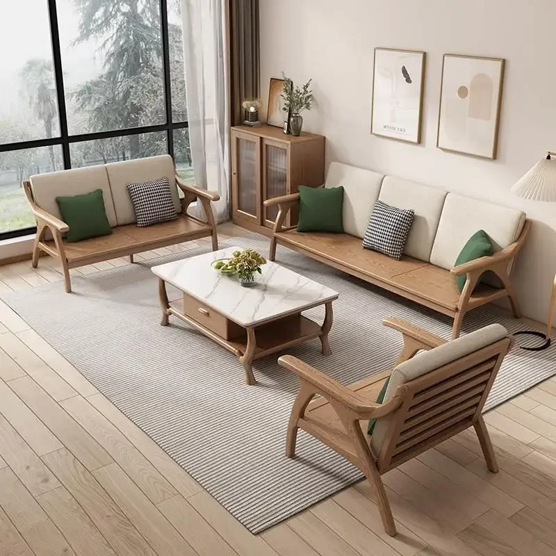 Nordic solid wood sofa, Japanese style small unit, three seater solid wood living room,  winter and summer dual-purpose sofa