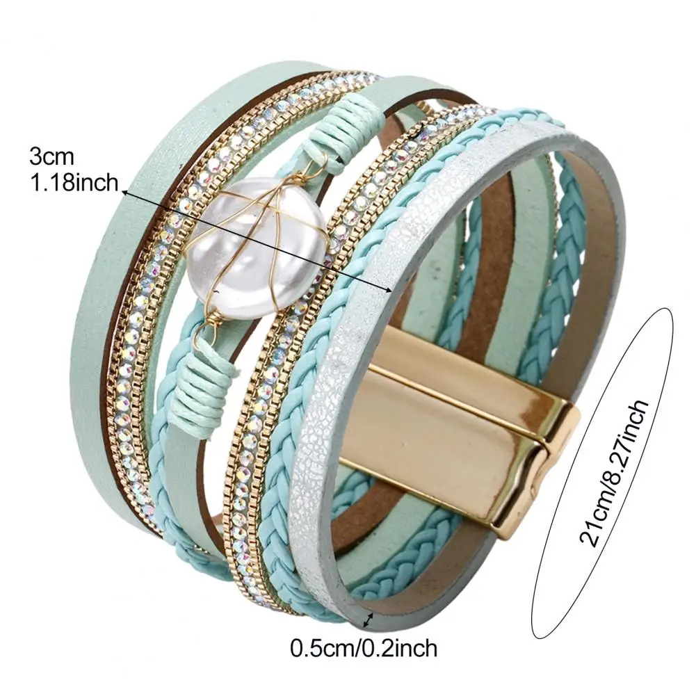 21cm Women Braided Bracelet Adjustable Design Imitation Pearl Rhinestones Decor Secure Closure Wristband Leather Wrist Accessory