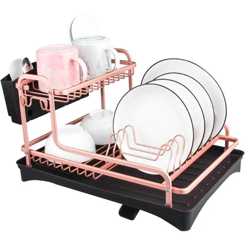 

Never Rust Aluminum Dish Rack and Drain Board with Utensil Holder, 2-tier Kitchen Plate Cup Dish Drying Rack