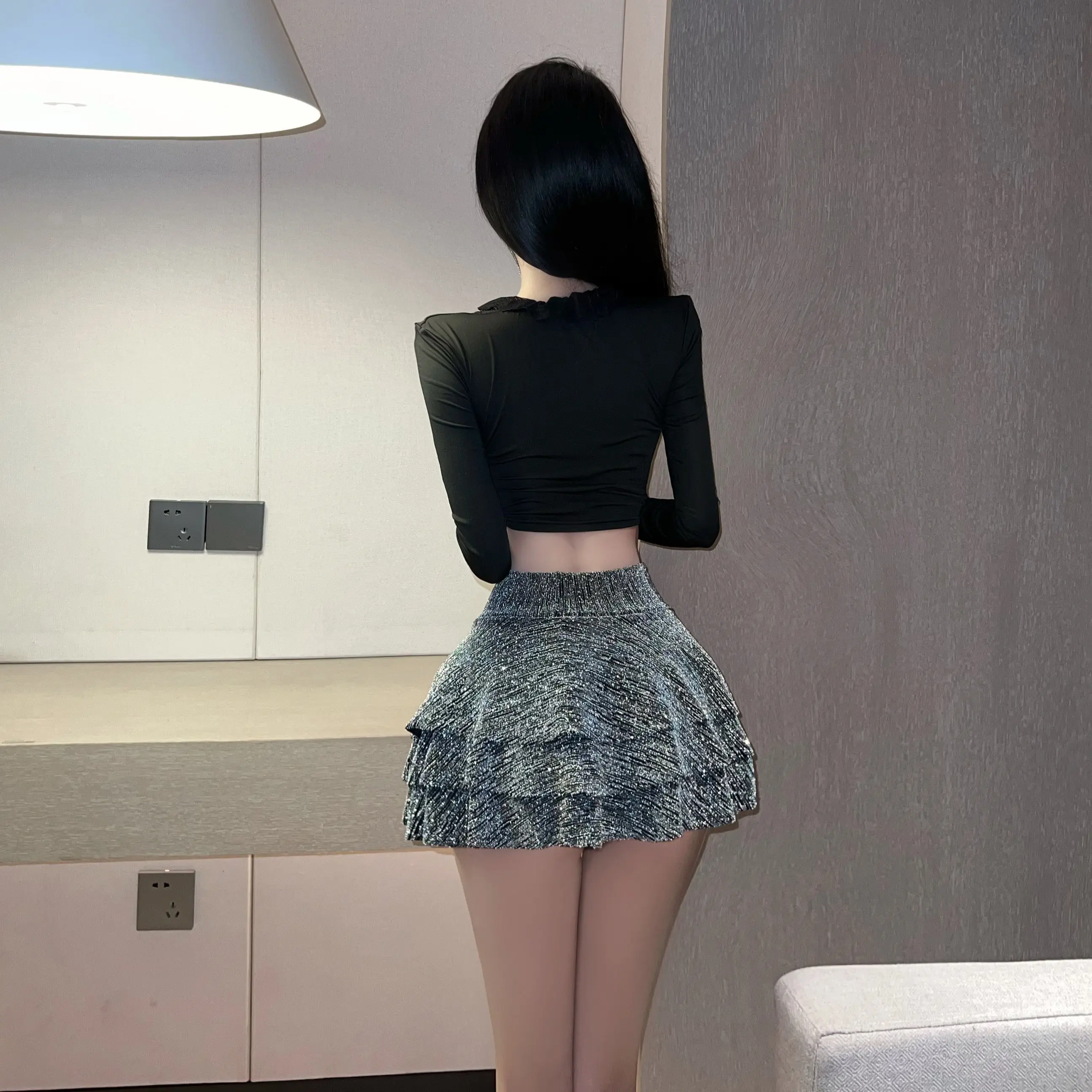 Spicy girl style multi-layer silver sparkling cake short skirt fashion sexy A-line skirts