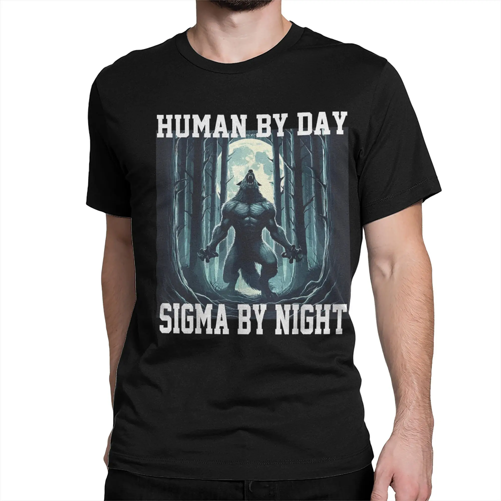 Mens Womens Human By Day Sigma By Night Cool Wolf Meme Shirt Pure Cotton Printed T-Shirt  Clothing Outfits