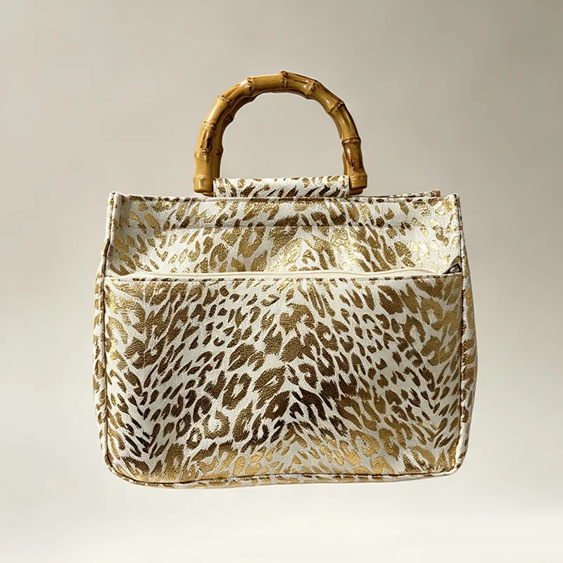 Retro Handtasche für Damen mit Leopardenmuster in Goldfolie und Bambusgriff, Handtasche mit goldenem Leopardenmuster – Detail 8