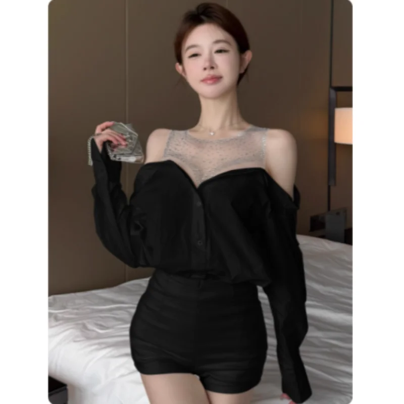 

Милая горячая девушка на одно плечо, сексуальная горячая ромбовидная сетка, высококачественная зарубежная рубашка с открытыми плечами, женский свободный топ