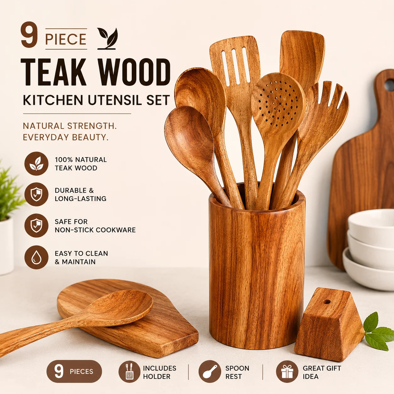 Wood Kitchen Utensil set 6–16 Pieces Teak Wood Kitchen Utensil Set,Heavy Weight wooden spoons with best Grip for better cooking
