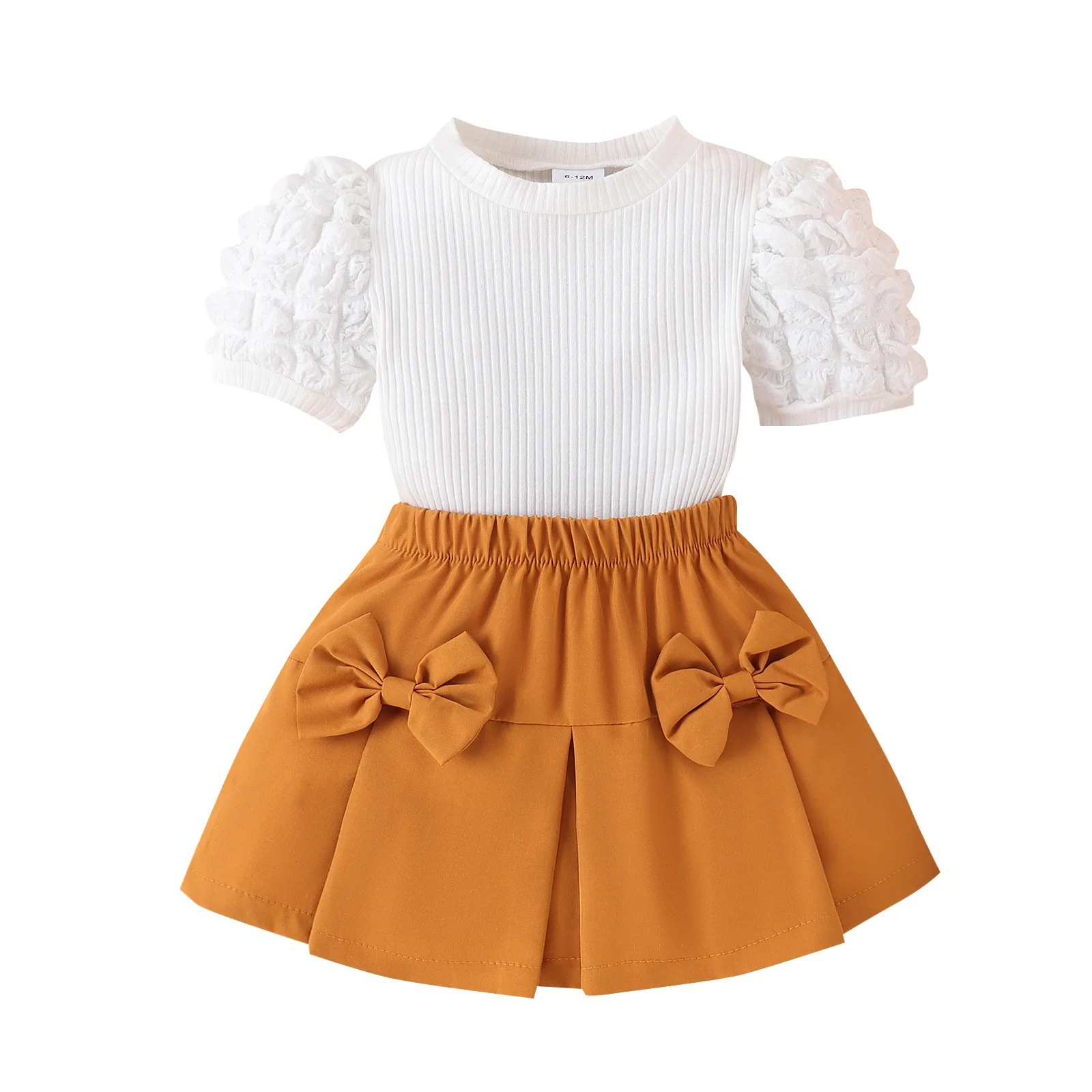 

Toddler Baby Girls Fashion Summer Clothes Birthday Party Wedding Outfits Puff Sleeve Rib Knit Top with Bow Pleated A-line Skirt