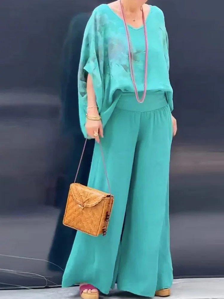 

Casual Streetwear Women Print Matching Suit Loose Long Pants Summer Lady Two Piece Set Blouse And Trousers Wide Leg Pants Outfit