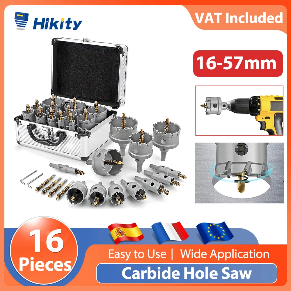 Hikity Kit de scies cloches en carbure robustes de 16 pièces (5/8''-2-1/4'') avec foret pilote pour métaux durs et acier inoxydable