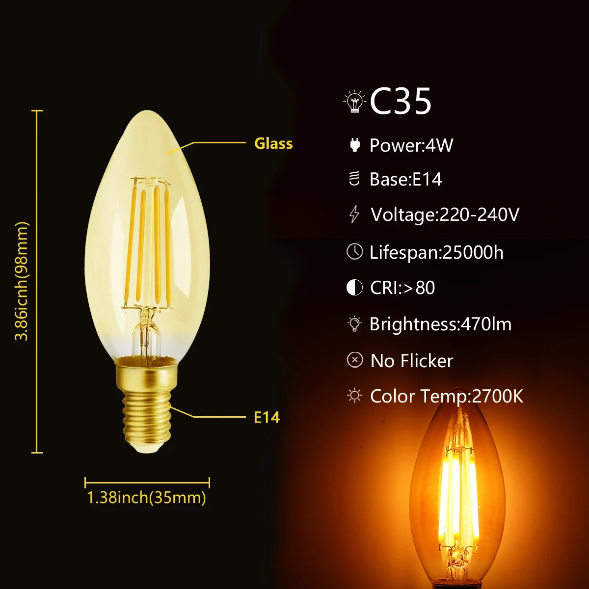 LED 필라멘트 전구 C35 레트로 에디슨 전구, E14 B22 봄블라 AC220V-240V 빈티지 램프, 2700K 4000K 홈 데코, 4W