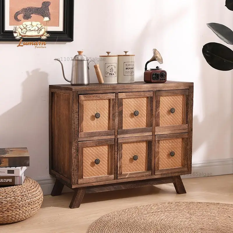 American chest cabinet retro storage cabinet rattan solid wood locker living room side cabinet new Chinese combination drawe