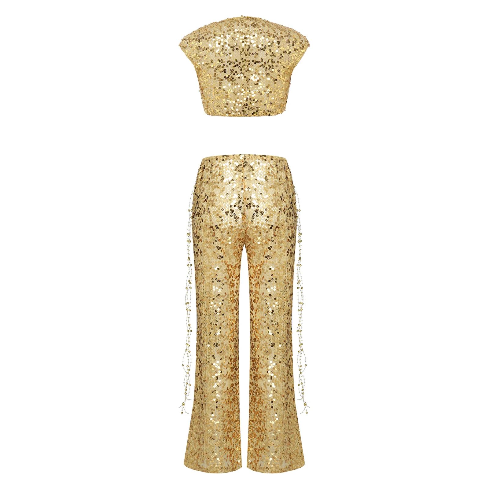 Women Glitter Allover Sequin Party Outfit V Neck Sleeveless Crop Top Wide Leg Long Pants with Waist Chain for Night Party Club