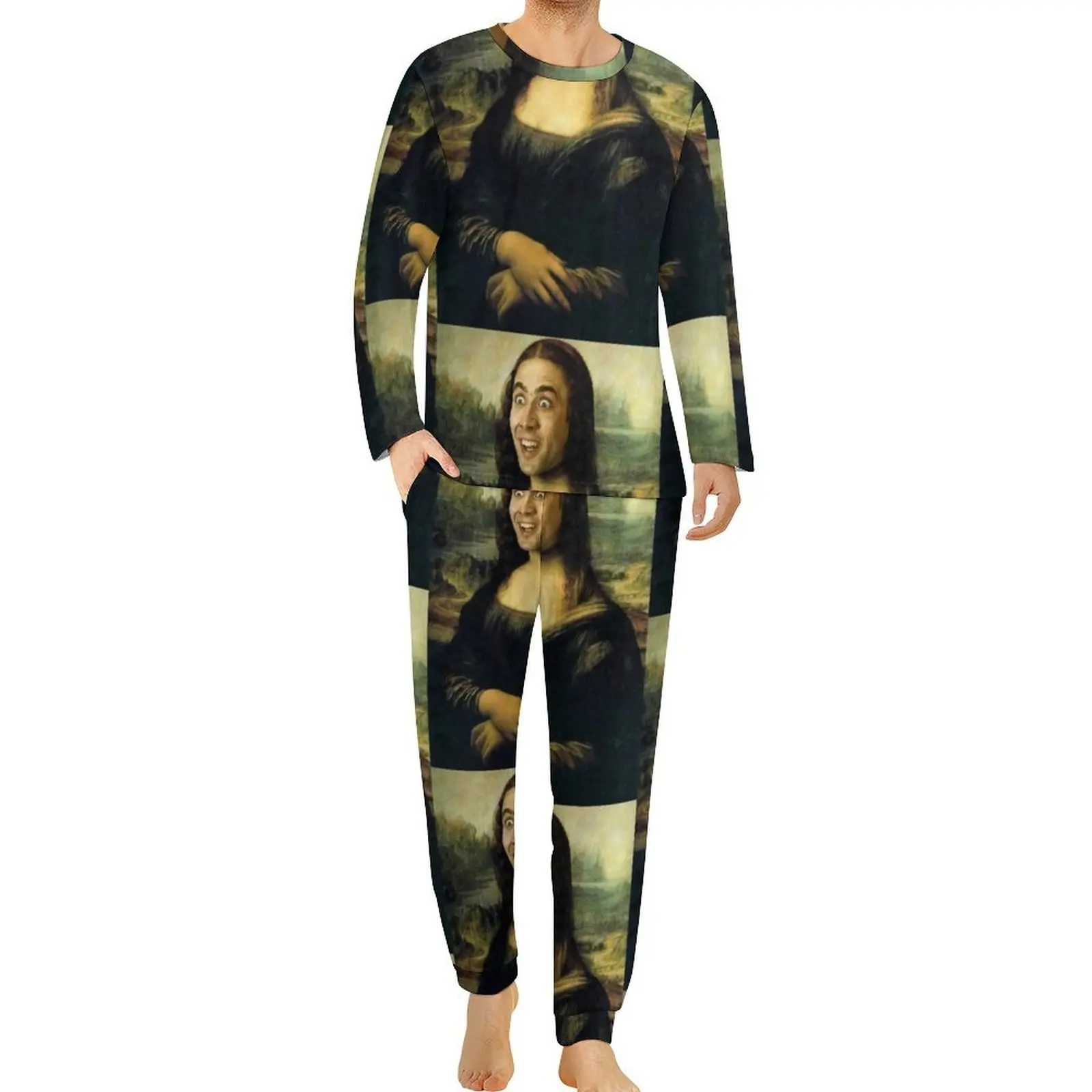 Nicolas Cage Meme Pajamas Mens Funny Mona Lisa Warm Nightwear Autumn Long-Sleeve 2 Pieces Sleep Graphic Pajamas Set Big Size