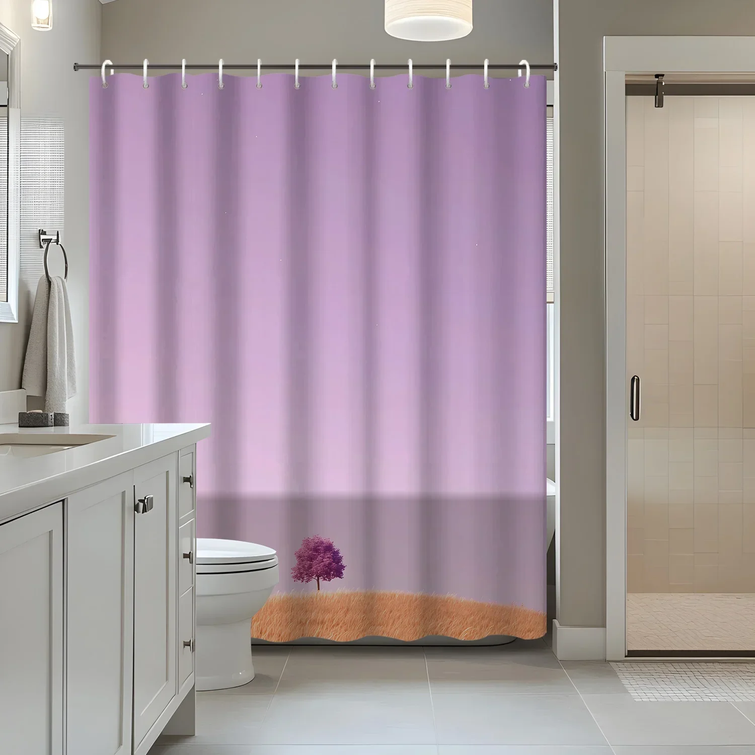1pc Purple Theme Country Golden Wheat Field Shower Curtain, Bathroom Decorative Shower Curtain with 12 Hooks, Includes Bath Acce