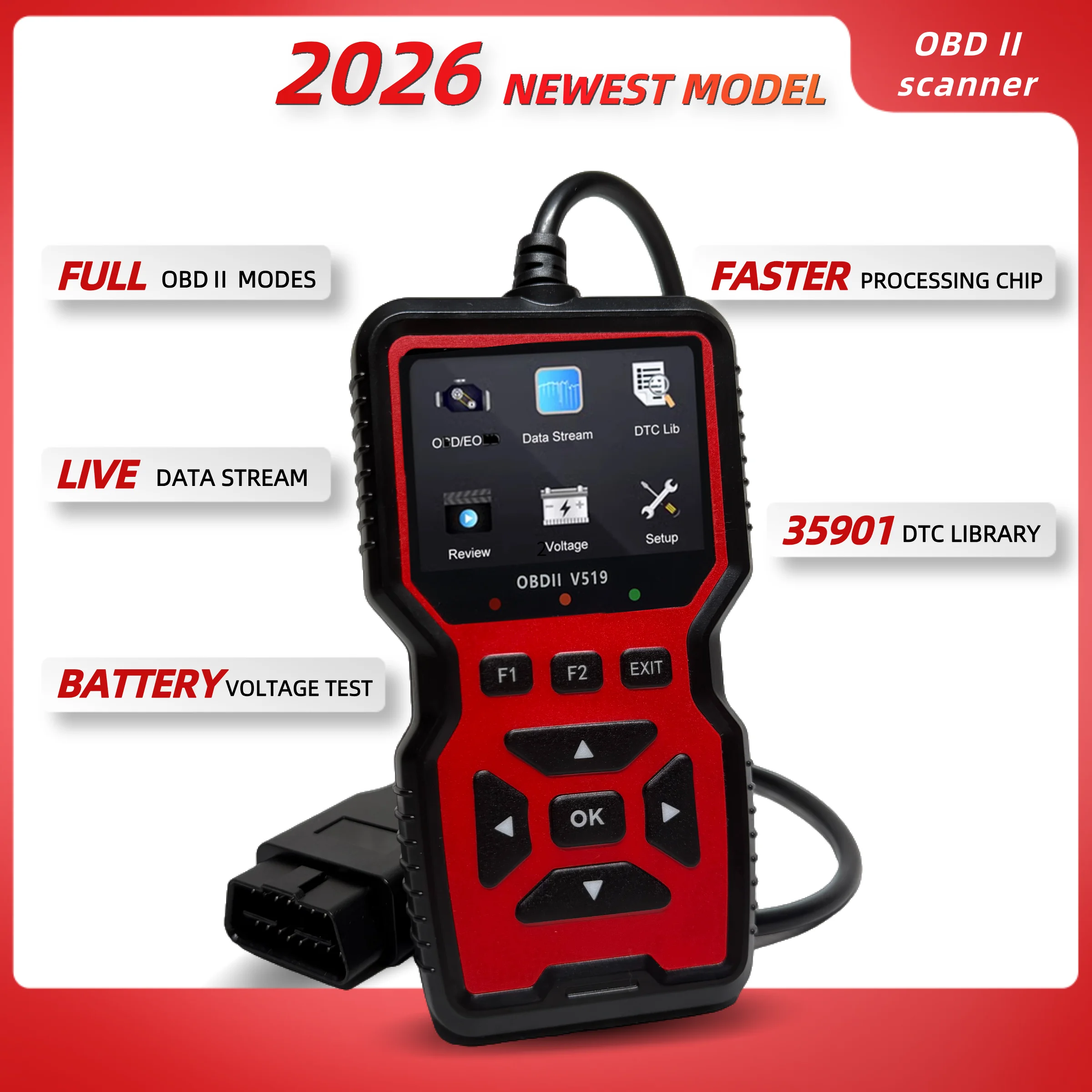 V519 Red Car Diagnostic Scanner Tool Automotive OBD2 Scanner for Engine Health Check with Color Screen