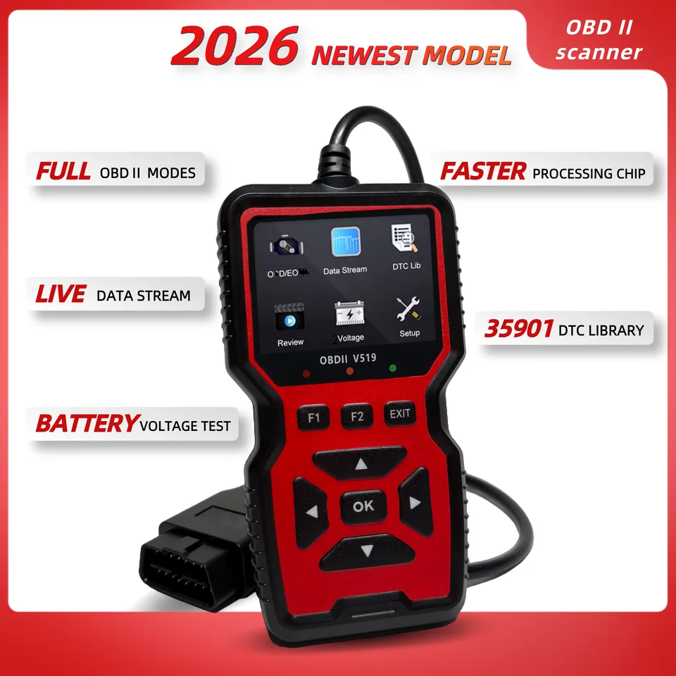 V519赤色車診断スキャナーツール 自動車OBD2スキャナー エンジン健康状態チェック用 カラースクリーン付き