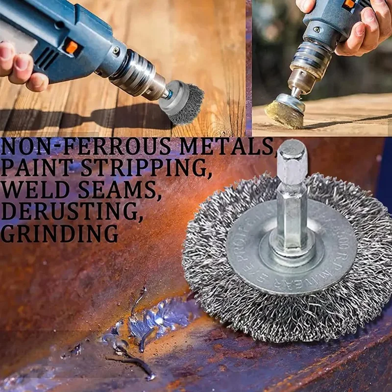 Sikat kawat, 8 buah sikat roda Set aksesoris 1/4 inci Hex kasar berkerut roda kawat baja karbon untuk menghilangkan karat