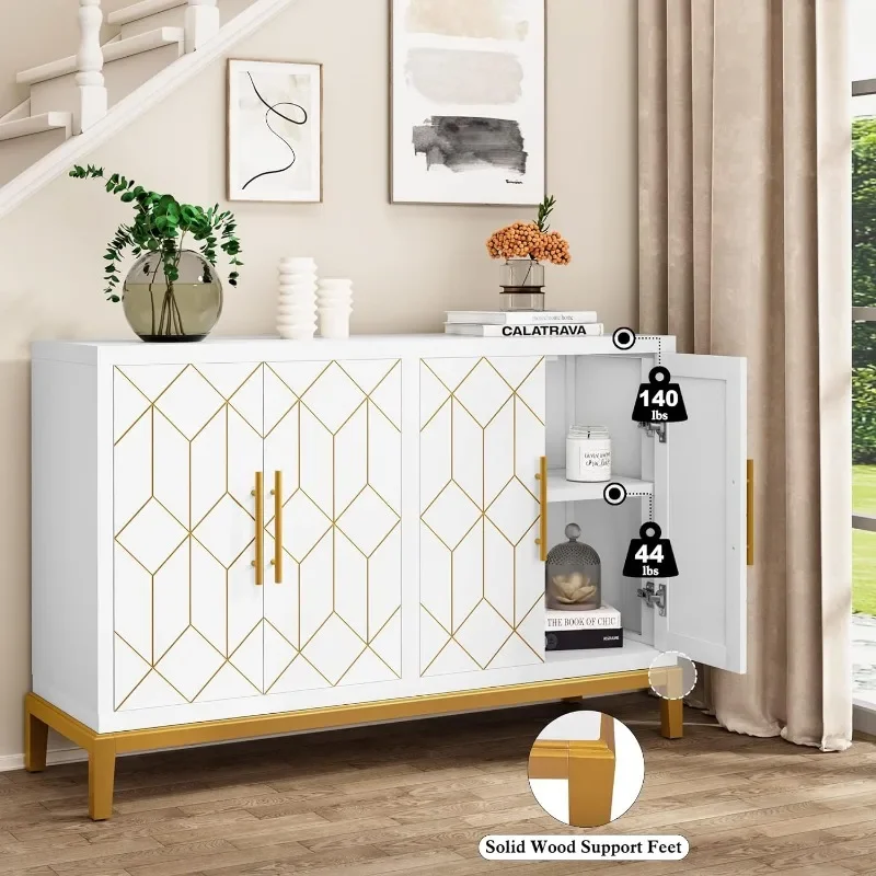 ZHENXIANG Accent Cabinet with 4 Doors and Shelves,Freestanding Sideboard Buffet Cabinet with Gold Lines,Modern Credenza Storage