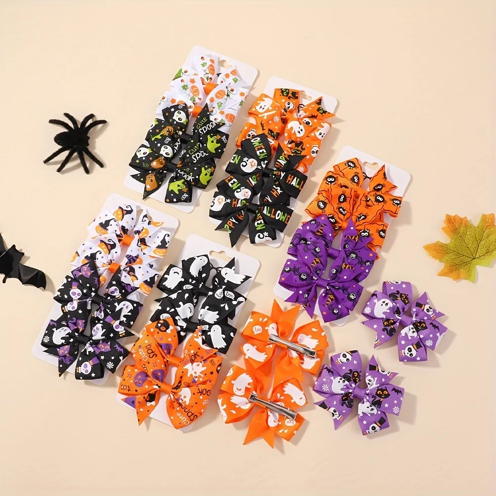 

4Pcs/Set Halloween Hair Bows for Girls Creative Pumpkin Bat Ribbon Bowknot Hairgrips Cheerful Kids Headwear Hairpins