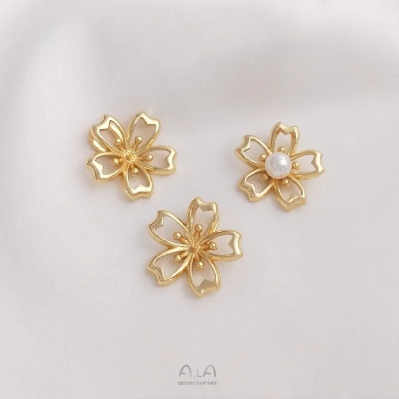 14K Gold Plated Cherry Blossom Necklace Pendant, Half-Hole Crystal & Pearl Cap Charms for DIY Handmade Jewelry Making Supplies